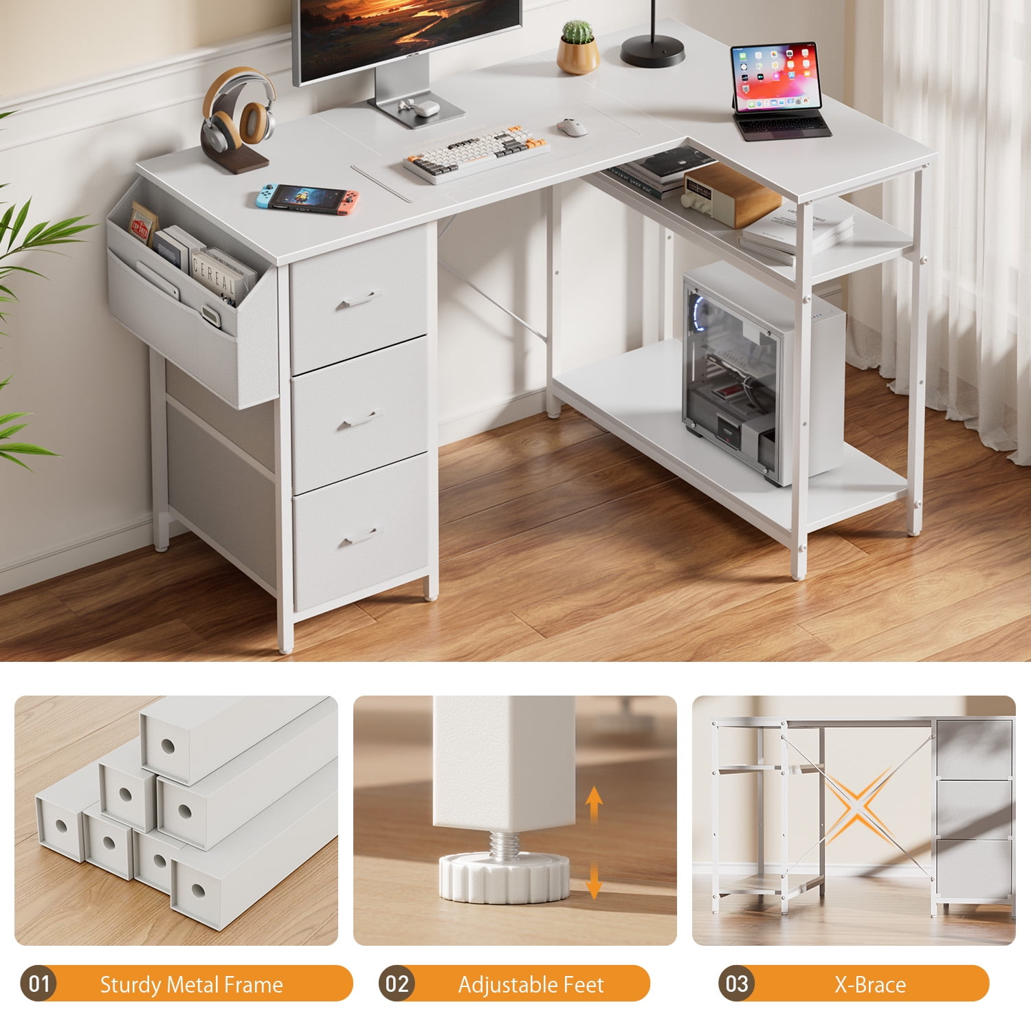 HLDIRECT L Shaped Computer Desk with Drawers & Storage Shelves, 55 inch Corner Desk for Home Office and Bedroom, White