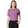 thumbnail image 1 of Tops de blusa de trabajo con cuello redondo y mangas cortas con tapeta de medio botón con volantes para mujer Púrpura L, 1 of 6