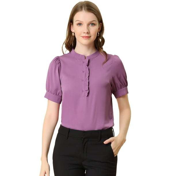 Tops de blusa de trabajo con cuello redondo y mangas cortas con tapeta de medio botón con volantes para mujer Púrpura L