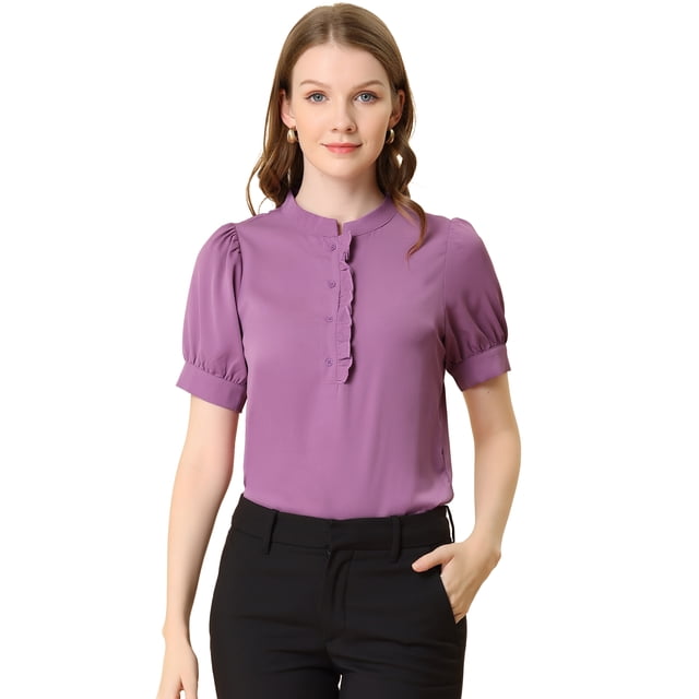 Tops de blusa de trabajo con cuello redondo y mangas cortas con tapeta de medio botón con volantes para mujer Púrpura L