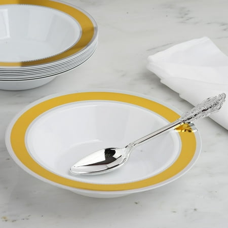 Heritage Rimmed Soup Bowl - Efavormart 10 Pack | 12 oz Silver Rim White Round Disposable Soup Bowl