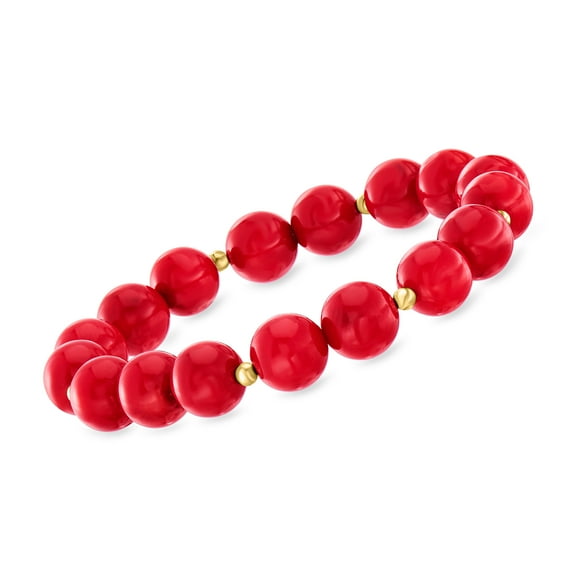 Ross-Simons 10mm Red Coral Bead Stretch Bracelet With 14kt Yellow Gold, Women's, Adult