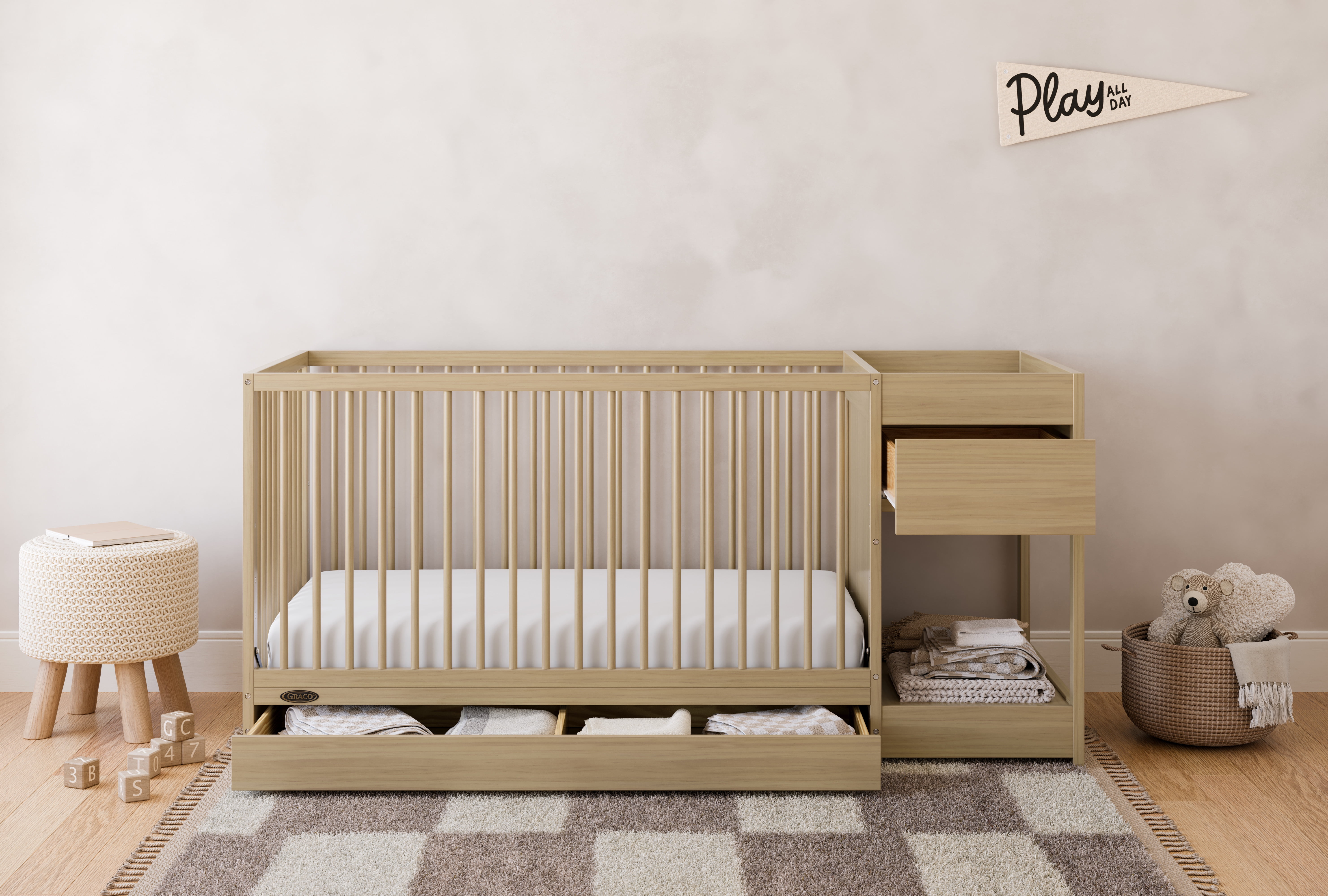 Graco Teddi 5-in-1 Convertible Baby Crib and Changer with Drawer, Driftwood