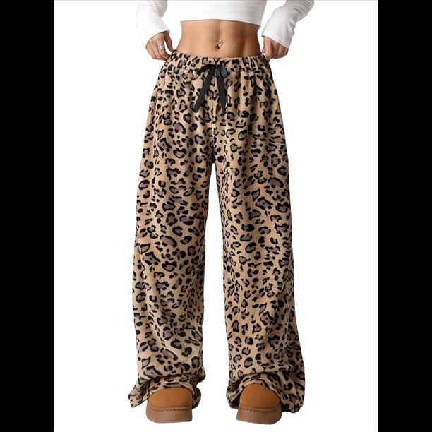 Pantalones de Pijama para Mujer, de Leopardo, Peludos, Estilo Y2K, de Cintura Alta, Bonitos. Marrón Ocre L