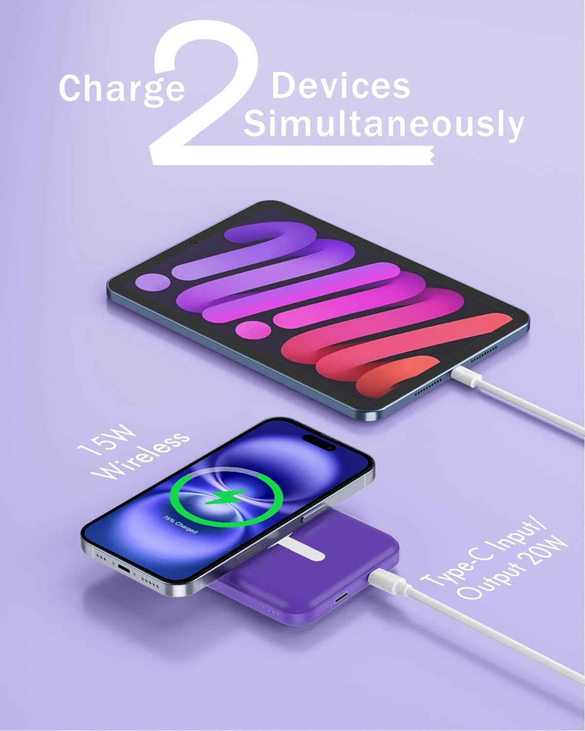 General for Magsafe Battery Pack, 5000mAh Magnetic Power Bank with Type-C Cable 20W PD Fast Charging Lighting Input Wireless Portable Charger for iPhone 17/16/15/14/13/12/ All Series-Demon Purple