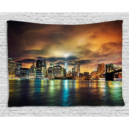 City Tapestry, Fantasy Dramatic Sky in New York at Nighttime Stormy Sunset Vibrant Water Reflections, Wall Hanging for Bedroom Living Room Dorm Decor, 80W X 60L Inches, Multicolor, by Ambesonne