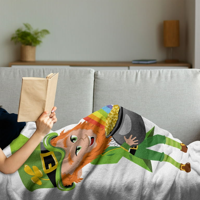 Leprechaun Soft Flannel Fleece Throw Blanket Saint Patrick s Day Elf Man Holding a Rainbow Coin Pot Cartoon Cozy Plush for Indoor and Outdoor Use