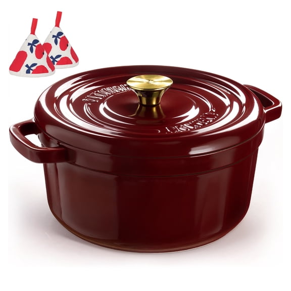 Overmont Enameled Cast Iron Dutch Oven - 5QT Pot with Lid Cookbook & Cotton Potholders - Heavy-Duty Cookware for Braising, Stews, Roasting, Bread Baking burgundy