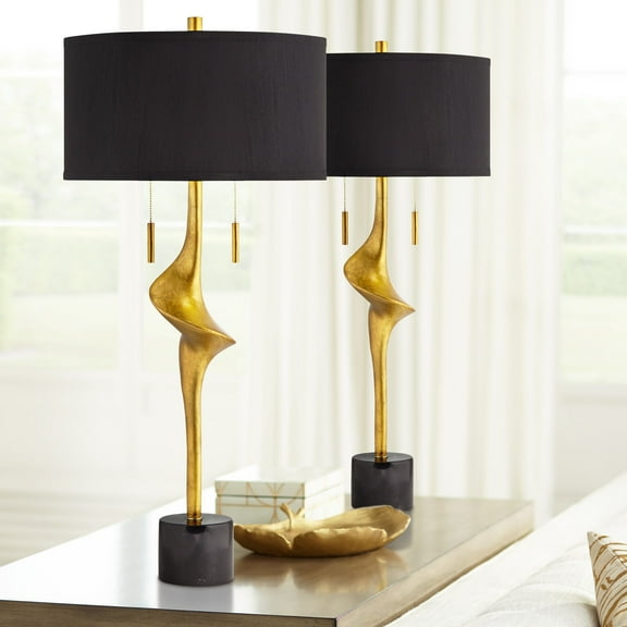 Possini Euro Design Athena 35 1/2" Tall Sculptural Large Modern End Table Lamps Set of 2 Pull Chain Gold Leaf Living Room Bedroom Black Shade