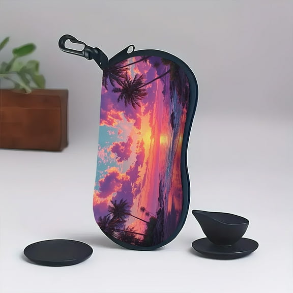 Tropical Sunset & Palm Trees Pattern Design Neoprene Glasses Case with Zipper - Ultra-Light Travel Glasses Pouch, Fits All Sunglasses, Eyeglasses & Accessories