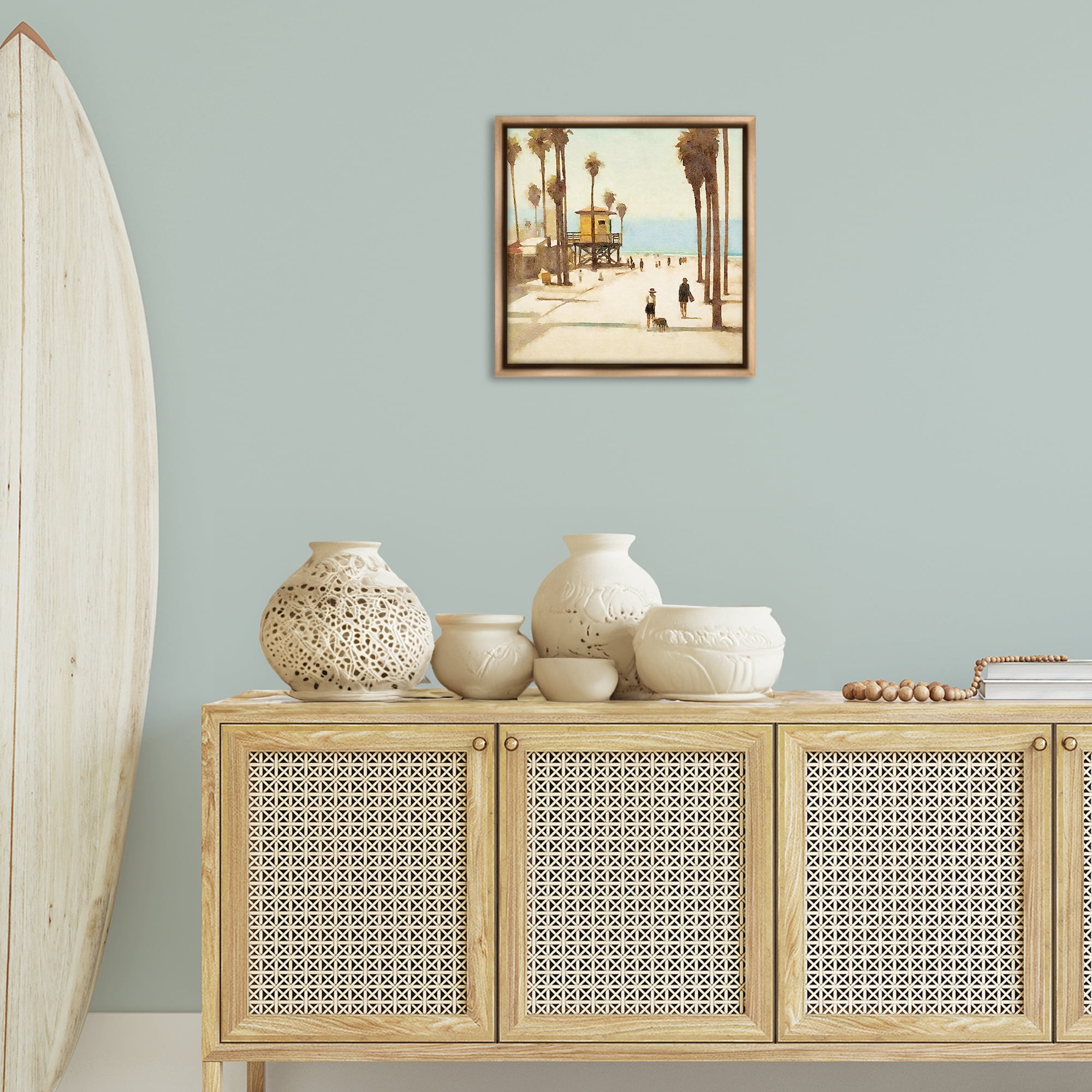 Stupell Industries End Of Road Beach People Painting Brown Floater Framed Canvas Art Print Wall Art, 18 x 18