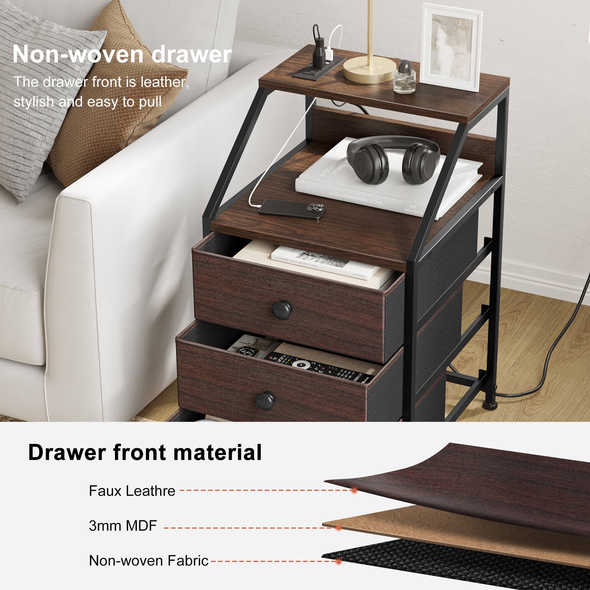 GUNAITO Led Nightstand Set of 2 with Charging Station Side Table with 3 Drawers End Table with Open Shelf Bedside Table with USB Ports and Outlets Nightstand for Bedroom,Brown