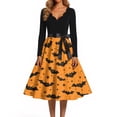 thumbnail image 4 of Halloween Dresses for Women Spider Hepburn Long Sleeve Classic Swing Dress Pumpkin Cocktail V-Neck Casual Dresses with Belt 2XL, 4 of 5