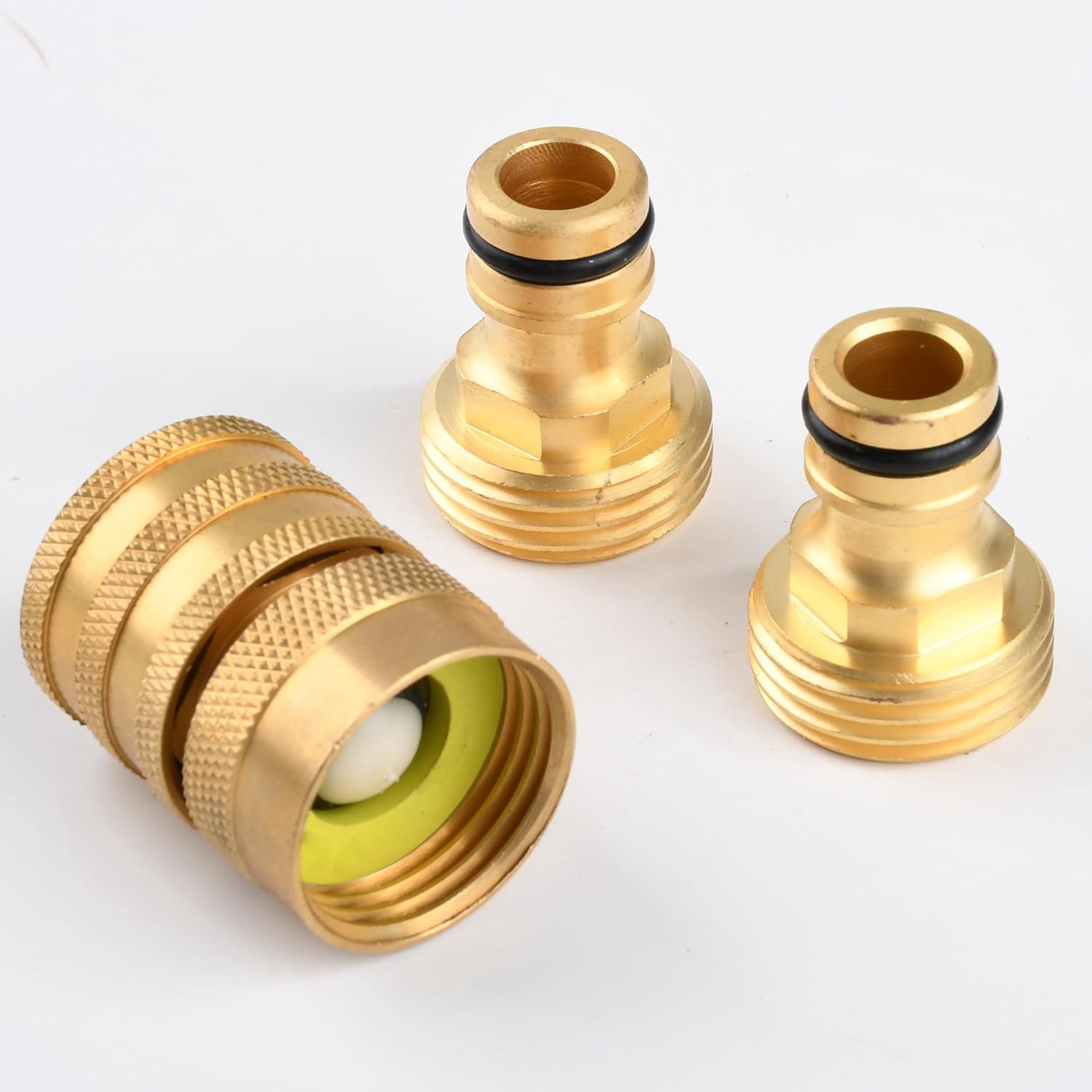 MKEUDQ-Brass Quick Connect Coupling Set with 3/4" GHT Thread, 1 Female Coupling + 2 Tool Adaptors, Solid Brass Water Hose Quick Connect Fittings, Easy Connect & Disconnect, Leak-Resistant Garden Hose