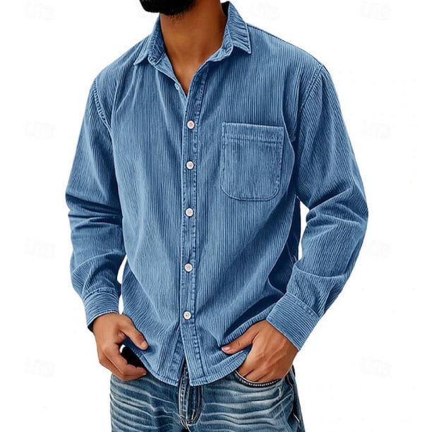 Camisa Casual de Manga Larga de Corduro de Ajuste Suelto para Hombres con Cuello Girable para el Uso Diario Y Trajes Elegantes