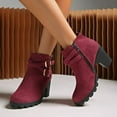 thumbnail image 2 of Womens Boots Chunky Mid Heel Round Toe Side Zipper Ankle Booties Casual Winter Buckle Short Boots Solid Color Winter Shoe for Women's Trendy Wine 6.5, 2 of 8