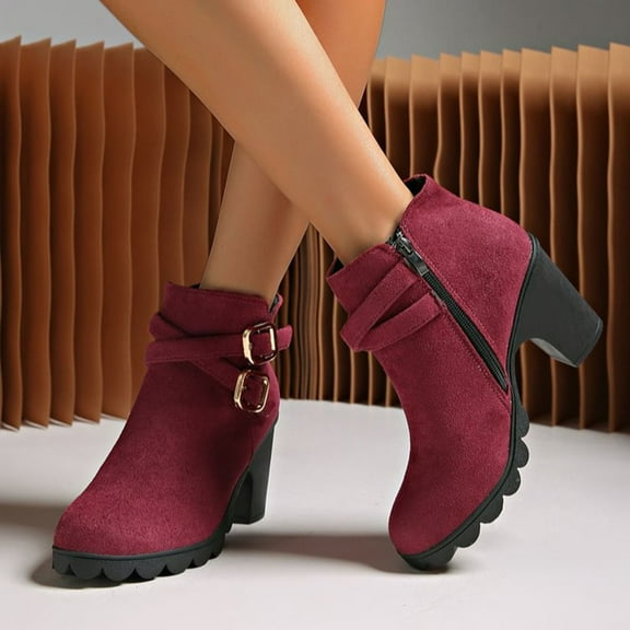 PiGOGI Women's Buckle Ankle Boots for Women High Heel Side Zipper Round Toe Western Style Winter Casual Boots Wine 42