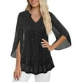 thumbnail image 2 of Nfurl 3/4 Ruffle Sleeve Sparkly Tops for Women Sequin V Neck Blouses Dressy Sheer Mesh Shirts Casual Evening Club Party Concert Shirt Black XL, 2 of 7