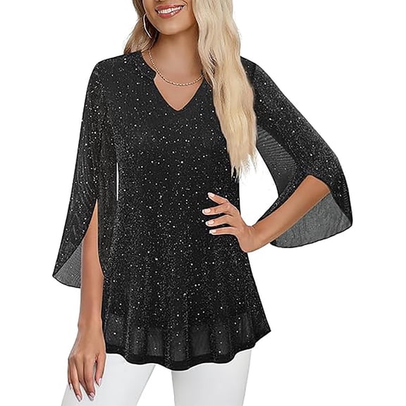 Aofany Womens Sequin Shirts Casual V Neck 3/4 Sleeve Blouse Trendy Sparkly Tunic Tees Shirt