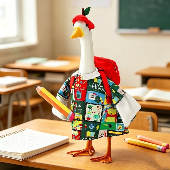 23 Inch Porch Goose Statue Back to School Polyester Outfit With School Bag Pencil Notebook Wearable Clothes For Cement Goose Figurine Garden Pathway Front Porch Halloween Seasonal Yard Decor