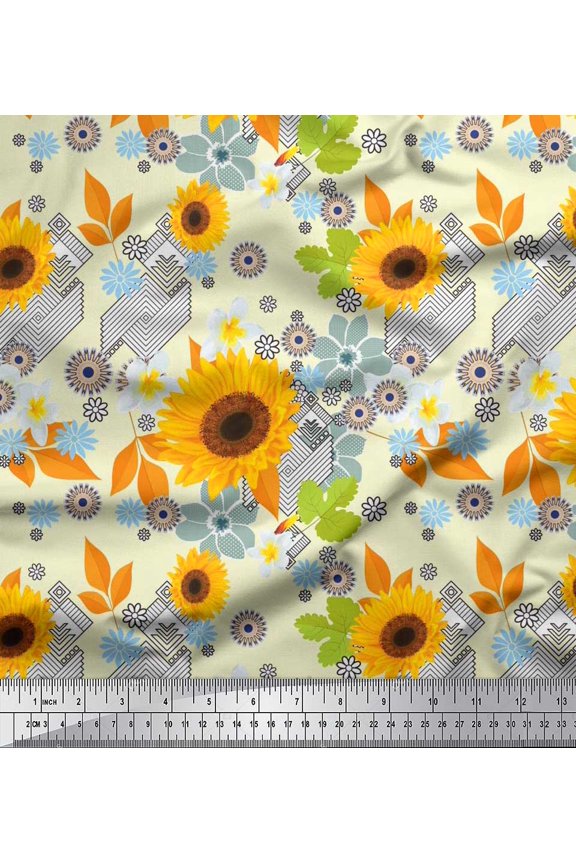 Rayon Fabric Leaves & Sunflower Floral Printed Fabric 1 Yard 42 Inch Wide