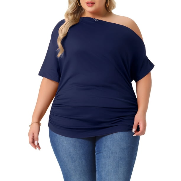 Blusas casuales de una sola manga y manga corta para mujeres de tallas grandes Agnes Orinda 2X azul oscuro