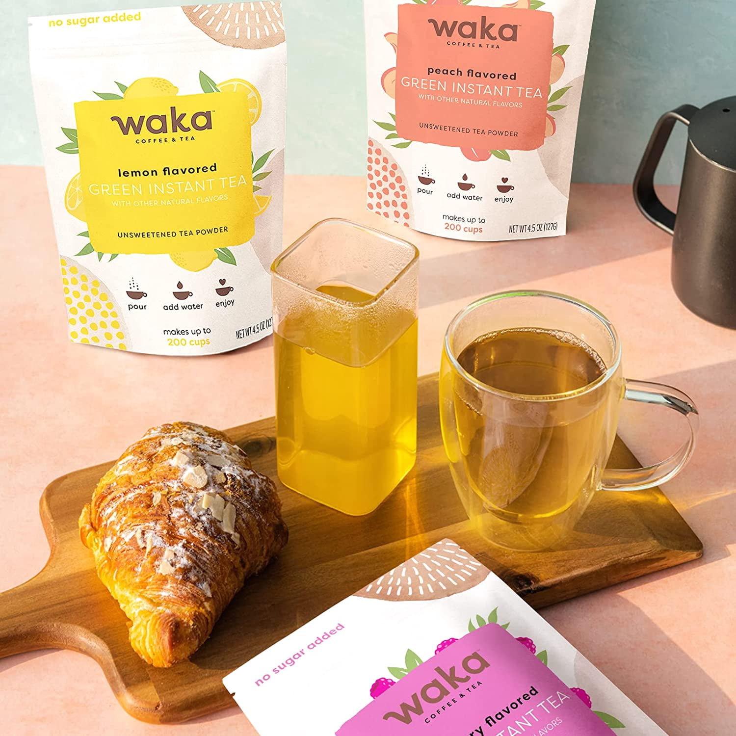 Waka Instant Tea Mix, 3 Bag Bundle - 100% Tea Leaves, No Additives, Unsweetened Tea Powders - Raspberry Flavored, Peach Flavored, Lemon Flavored Green (4.5oz Each)