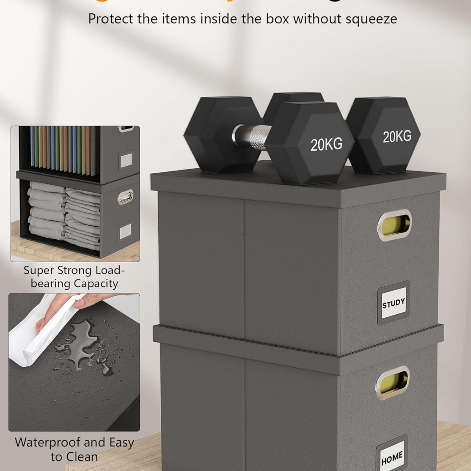 2 Pack File Storage Organizer, Portable File Box with Lid, Fit for Letter/Legal File Folder Storage, Gray(Leather)
