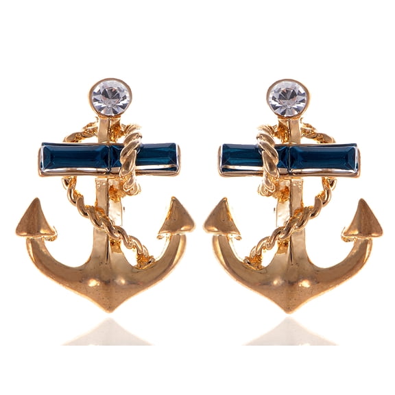 Golden Tone Blue Crystal Rhinestone Nautical Anchor Stud Earrings