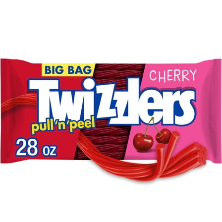 TWIZZLERS PULL 'N' FEV6 PEEL Cherry Flavored Licorice Style, Low Fat Candy Big Bag, 28 oz