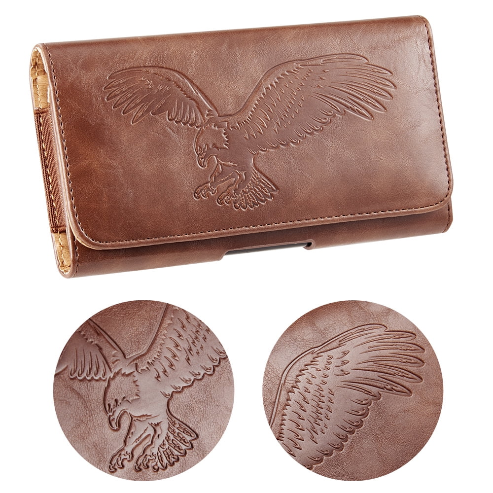 6.5-inch Horizontal Brown PU Leather Cell Phone Holster Universal Fit with Belt Clip, Embossed Eagle Design