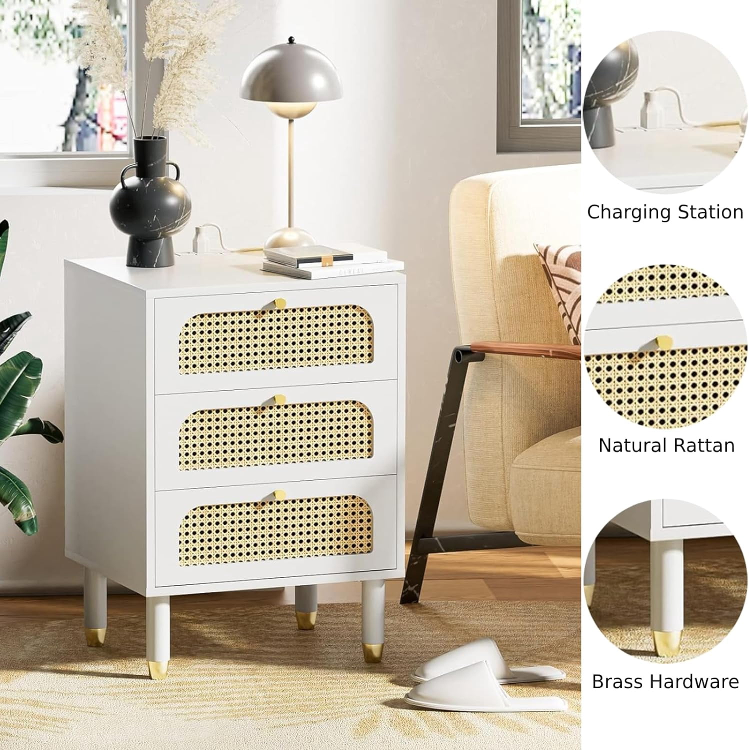 UBesGoo Rattan Nightstand with Charging Station, 27" Tall White Nightstand with 3 Drawers for Bedroom, Boho Mid Century Modern End Table/Side Table/Bedside Table (White, 1 Pack)