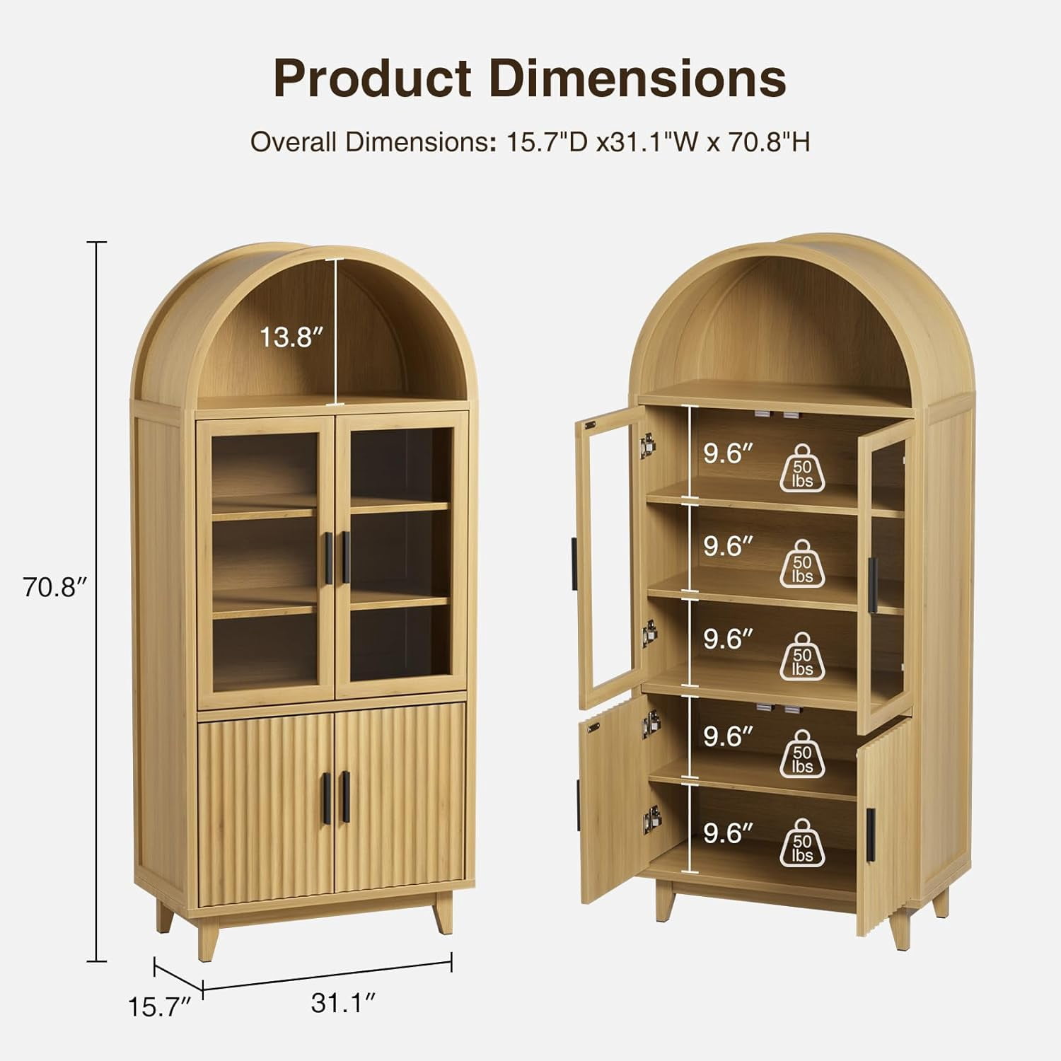 Vabches Arched Kitchen Pantry Storage Cabinet, 71" Tall Fluted Cabinet with 2 Glass Doors, 2 Doors for Kitchen, Living Room, Bedroom