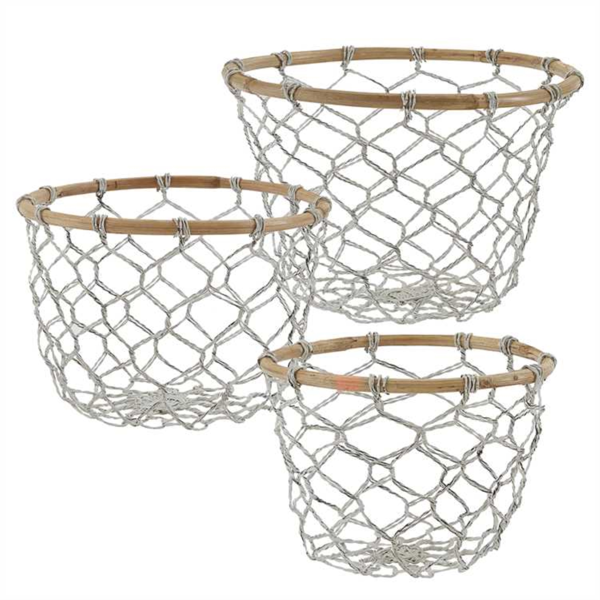 ROUND WIRE AND WOOD BASKETS SET OF 3