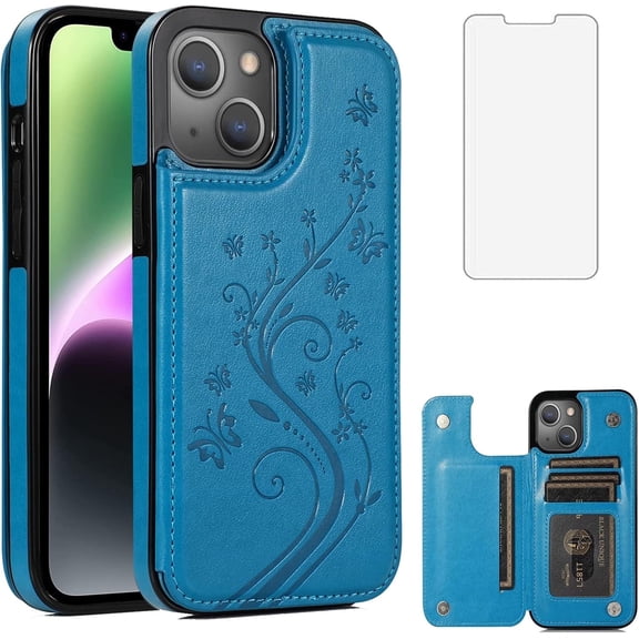 Asuwish Compatible with iPhone 15 6.1 inch Wallet Phone Case Tempered Glass Screen Protector and Flower PU Leather Credit Card Holder Stand Slot Cell Cover for i Phone15 i15 15Case Women Men Blue