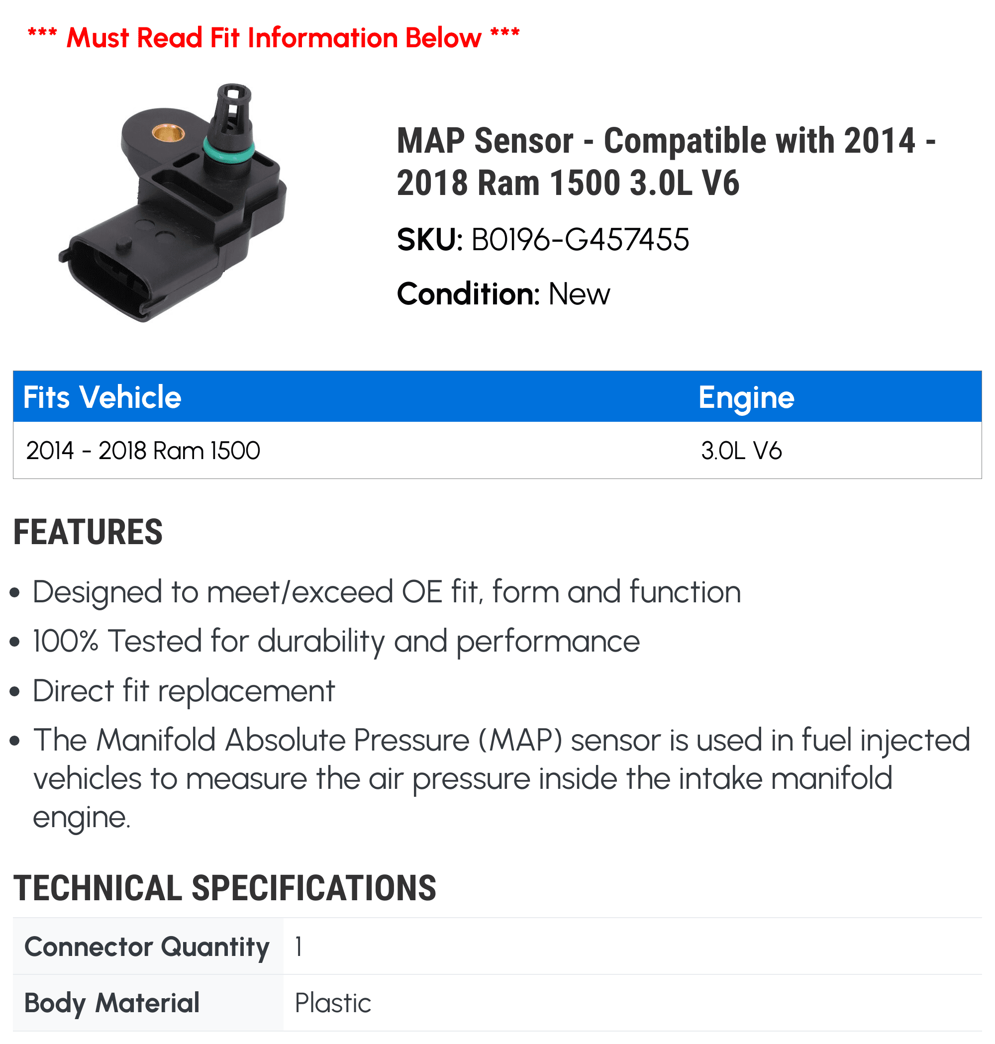 MAP Sensor - Compatible with 2014 - 2018 Ram 1500 3.0L V6 2015 2016 2017