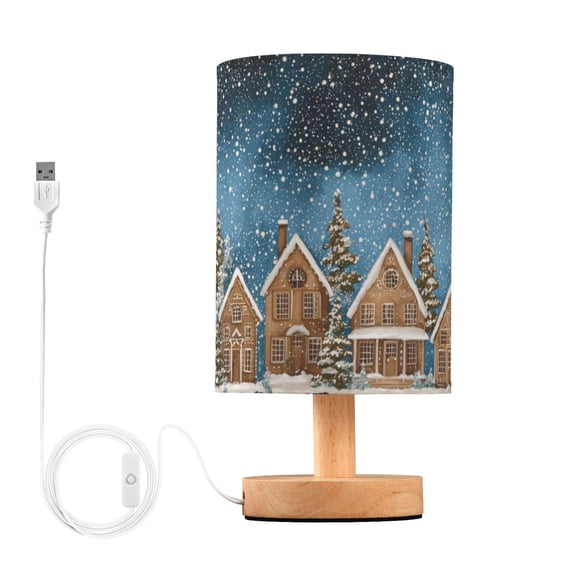 Christmas Streetscape at Night Blue Black Plaids Table Lamp with USB Port LED Warm Light Lamp Night Light Home Decor