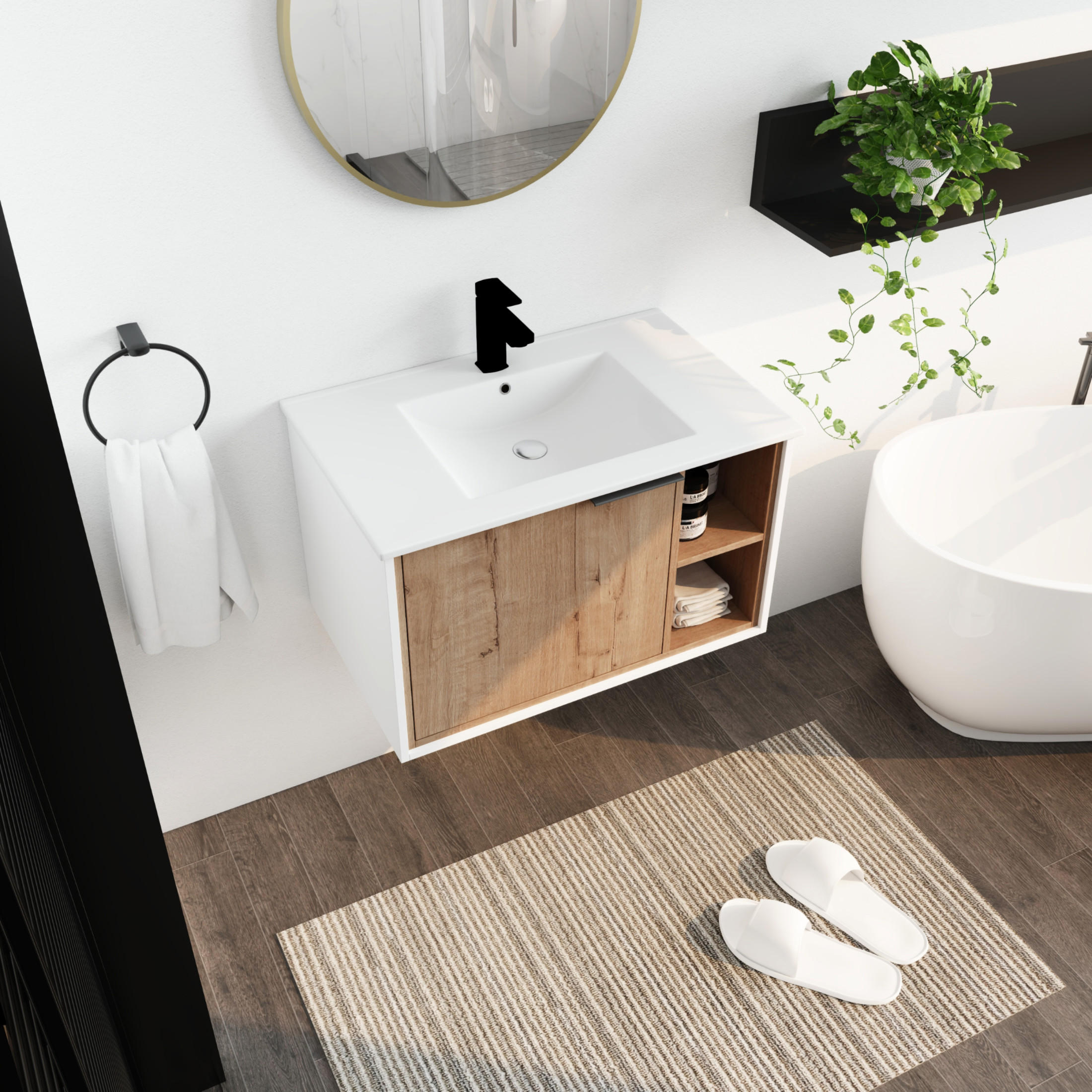Noble House 30" Floating Wall-Mounted Bathroom Vanity, Ceramic Sink, Soft-Close Door, Open Racks, Imitative Oak
