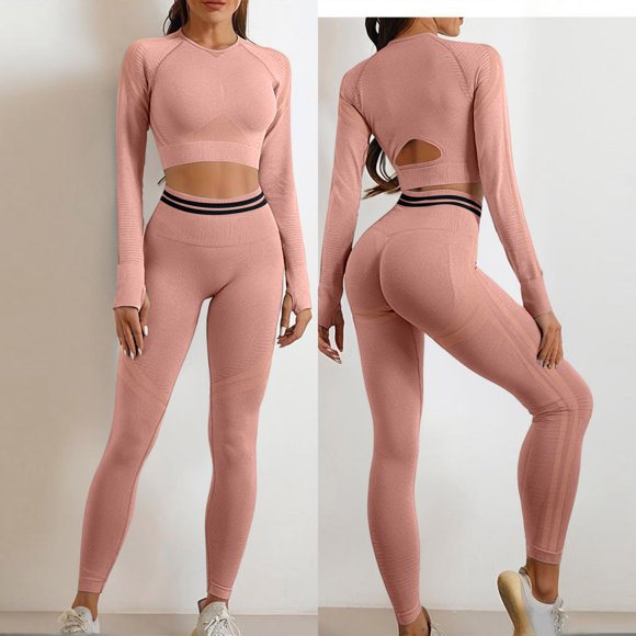 Domuza Women Seamless Workout Sets 2 Piece Long Sleeve Yoga Crop Blouses High Waist Leggings Yoga Clothing Gym Outfits Pink L