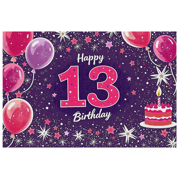 Purple Themed 13th Birthday Banner with Balloons Stars and Cake Decoration Backdrop Party Supplies Photography Props Happy Birthday Party Decorations