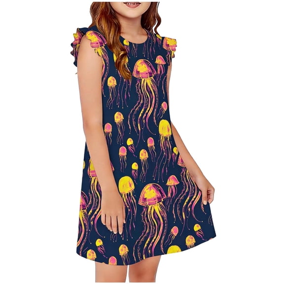 DAETIROS Girls Jellyfish Dress Ruffle Sleeve Neon Print Black A-Line Pull-On Soft Stretchy Summer Casual Play Dress for Kids Girls 5-12 Years,Size 11-12 T