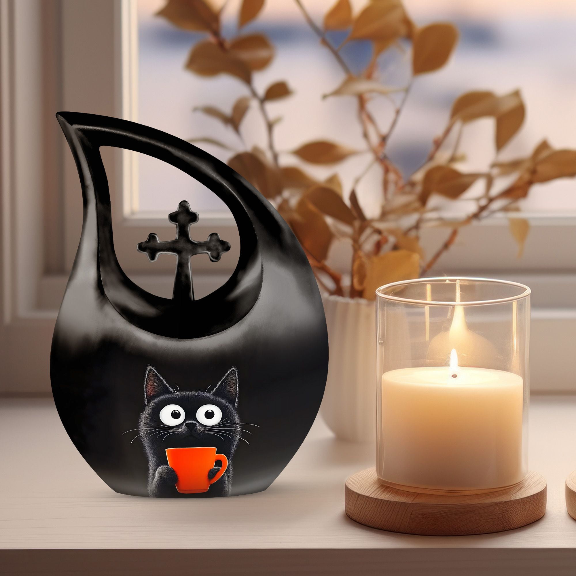 MUKTIVE Black CatUrn for Human Ashes, Decorative Funeral Large Urn for Ashes for Women and Men, (Cross Drop Large, 10 Inch)