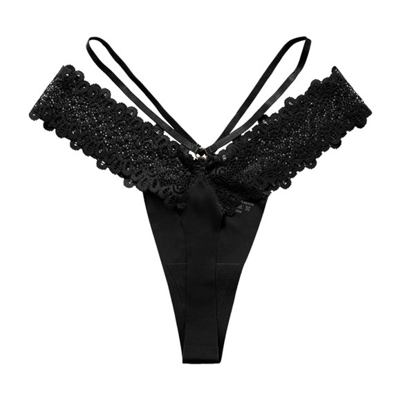 Virmaxy Alluring See Through Seamless Thongs for Women Alluring Lace Ultra-thin Breathable Bow Thong Underwear Black-B S