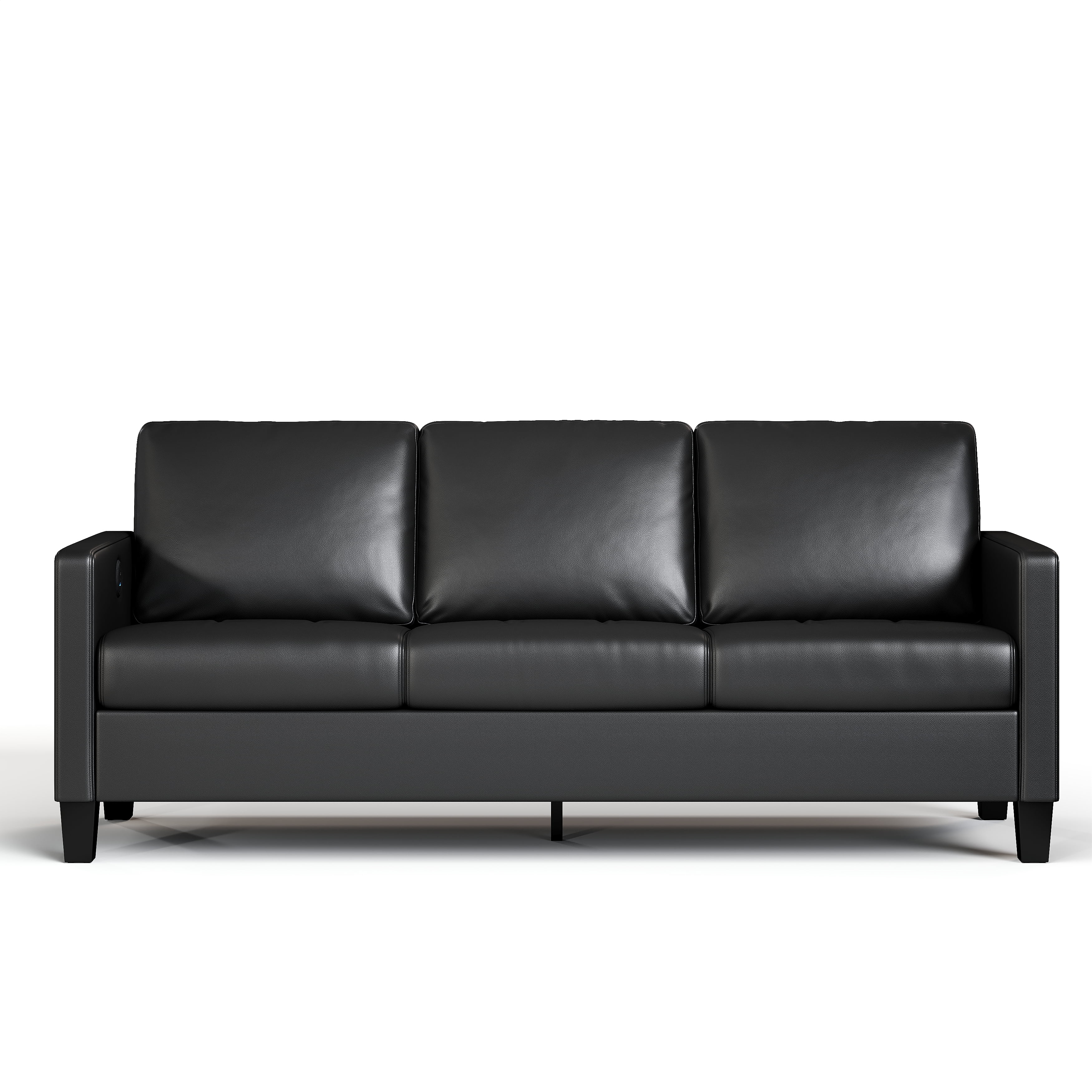 Coewske 72" W PU Leather 3 Seater Couch Sofa with USB Ports for Living Room Apartment Bedroom, Black