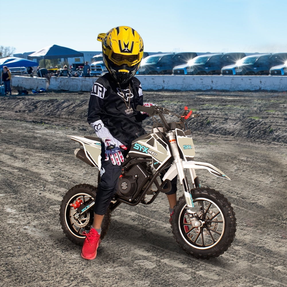 SYX MOTO 58cc Kids Mini Dirt Bike - 4-Stroke Gas Pit Bike, Pull Start, Off-Road Bike for Boys & Girls, Black/White