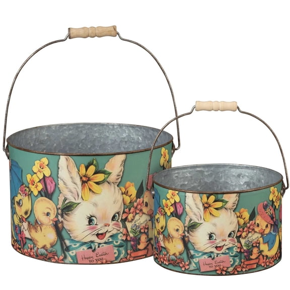 Easter Happy Easter Buckets Set / 2 Tin Decorate Basket Bunny Chick 105051