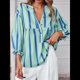thumbnail image 5 of Blusa de Verano A Rayas con Cuello en V y Mangas Abullonadas para Mujer, Estilo Babydoll, Holgada e Informal Verde S, 5 of 9