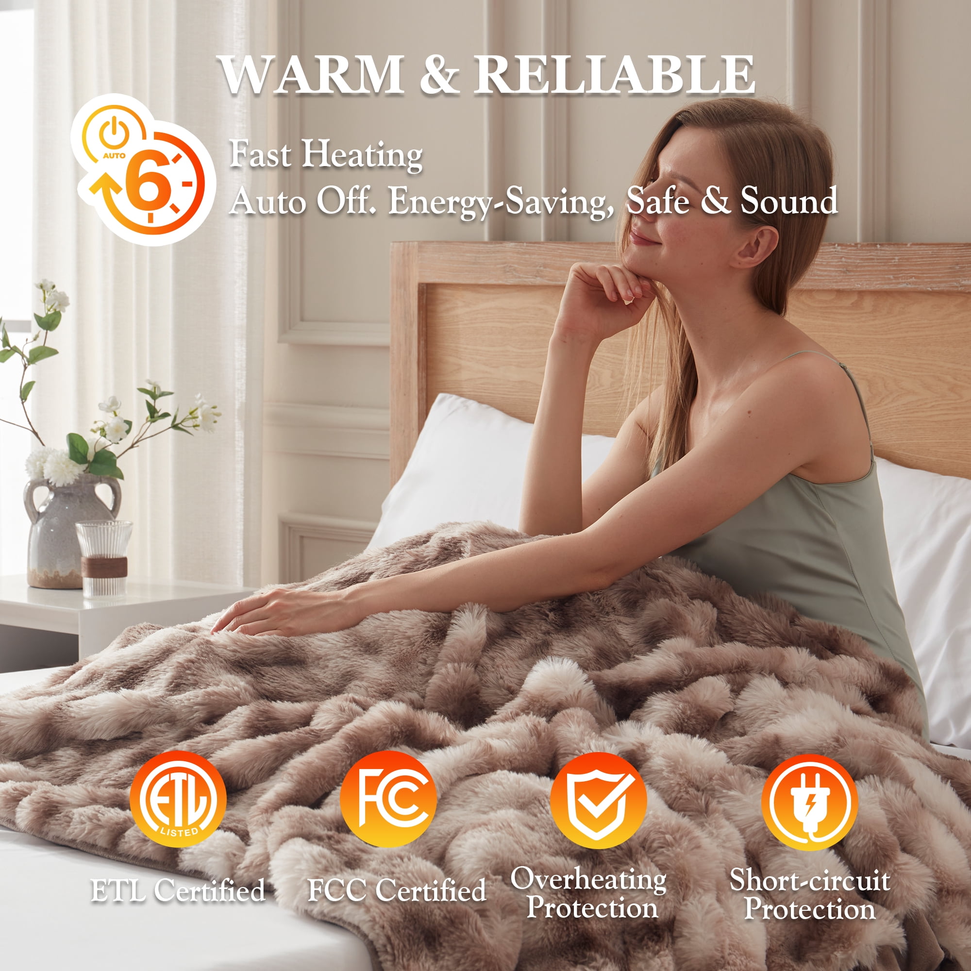 COZY@HOME Heated Blanket,Plush Thick Faux Fur Throw Size 62"x84", Patterned Taupe, 5-Min Fast Heating 6 Heating Levels & 10 Hours Auto-Off, Machine Washable