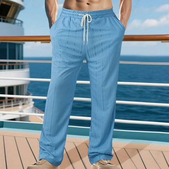 DayScoop Pants for Men Solid Color Trousers Summer Casual Fashion Thin Elastic Waist Drawstring Pocket Loose Beach Straight Leg Full Length Pants