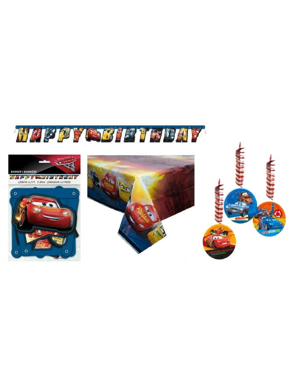 Disney Cars Birthday Party Supplies Decoration Bundle includes 1 Happy Birthday Banner, 1 Plastic Table Cover, 3 Hanging Swirl Decorations